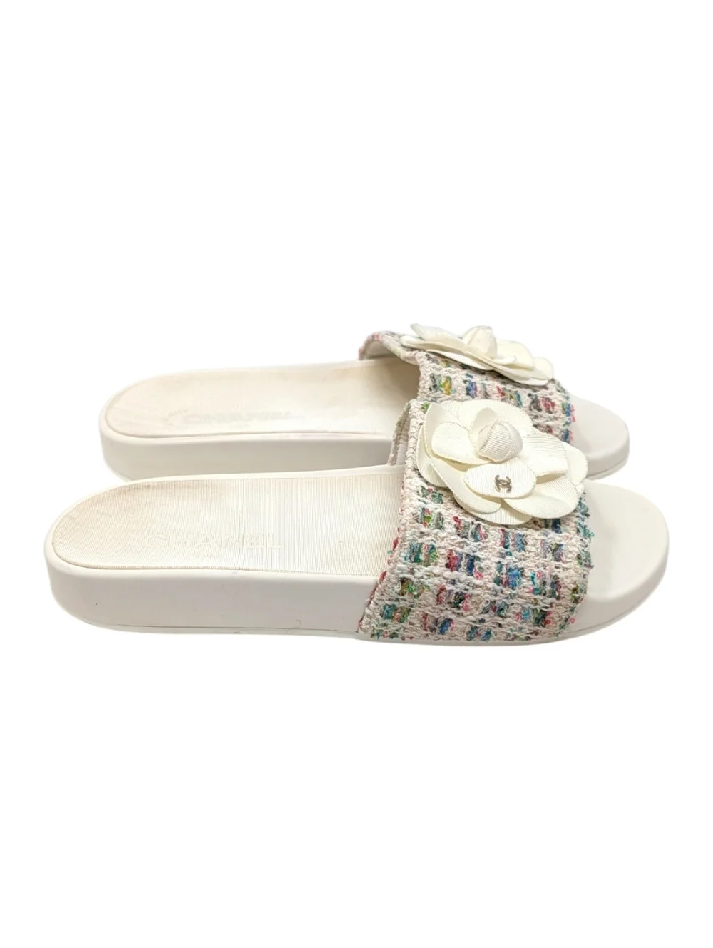 Chanel Camellia Tweed CC Logo Slide Rainbow White Rubber Pool Sandal 38 | 7.5 - Picture 4 of 13
